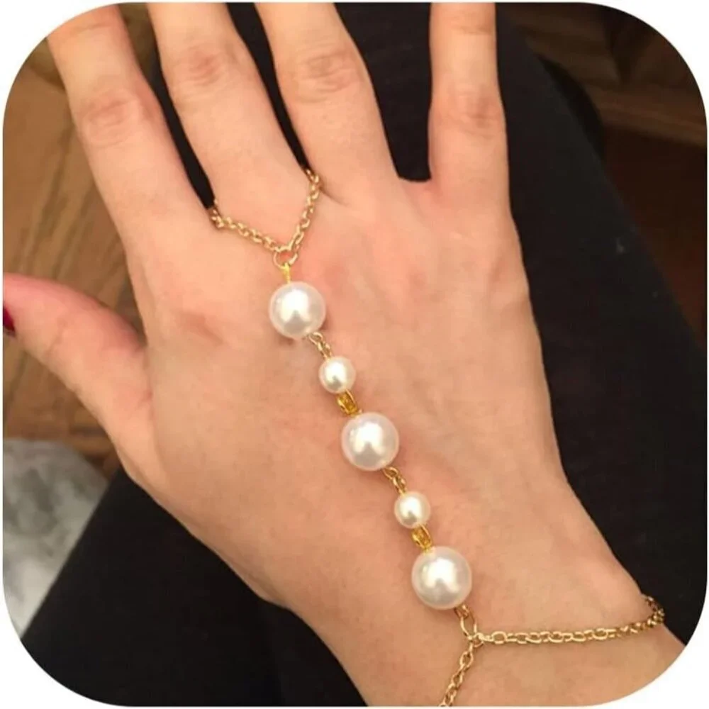 🆕 Women Gold Finger Ring Hand Chain Bracelets Trendy Stuff Pearl Metal Jewelry - Picture 1 of 5